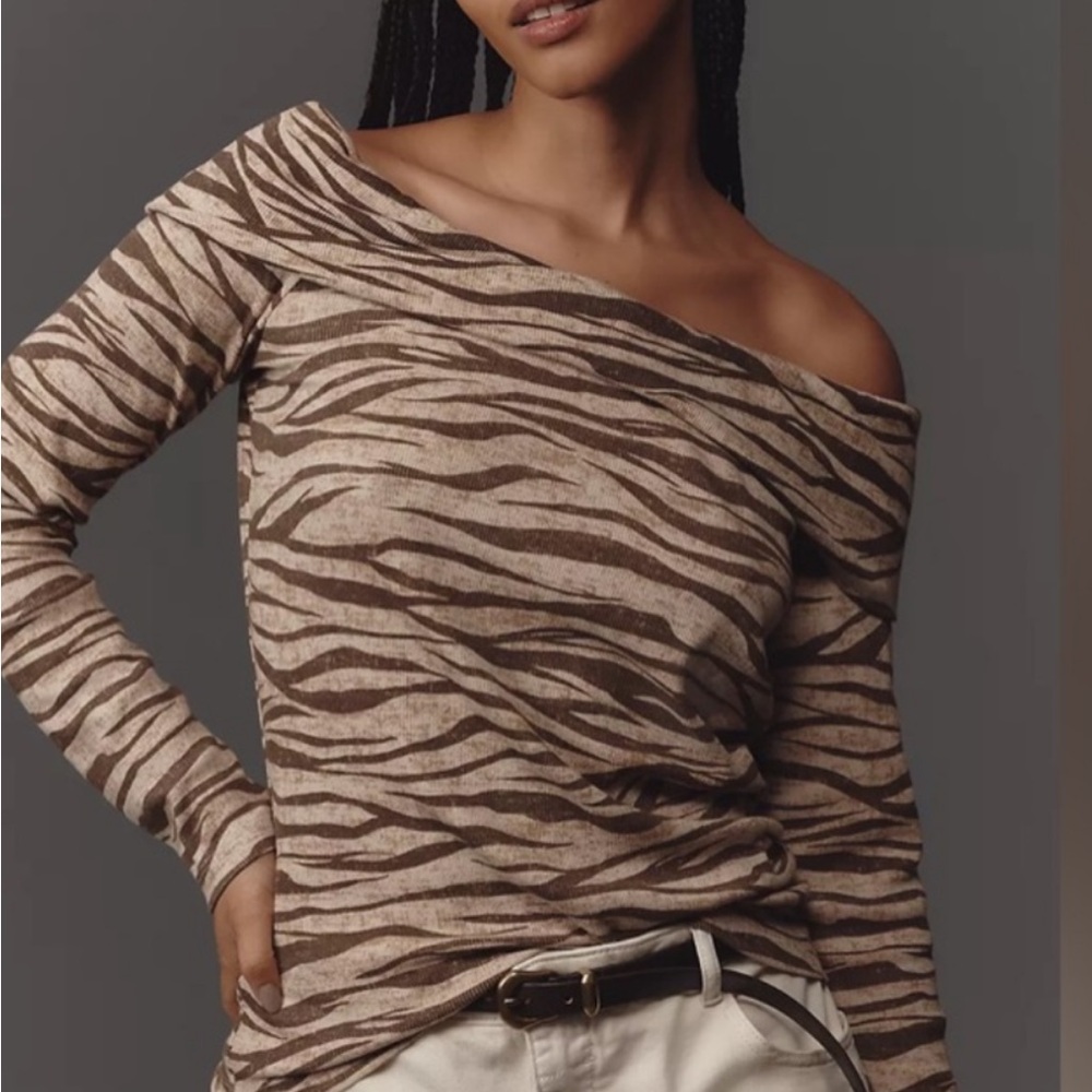Anthropologie Pilcro Beige and Brown Zebra Print Off-Shoulder Top
